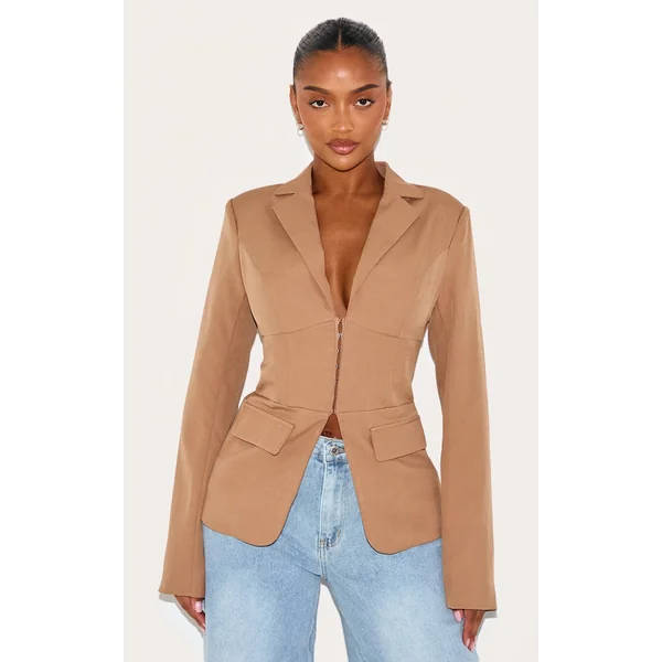 Shape Taupe Tailored Plunge Neck Cinched Waist Blazer