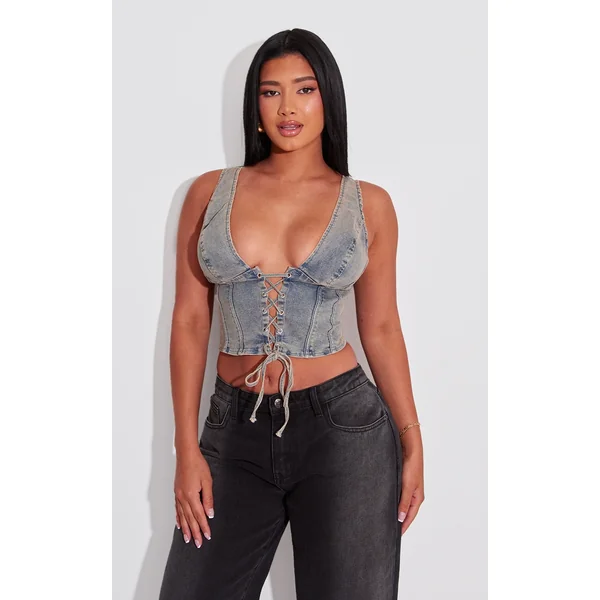 Shape Vintage Wash Denim Lace Up Corset Top