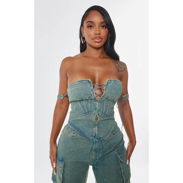 Shape Vintage Wash Denim Lace Up Front Corset