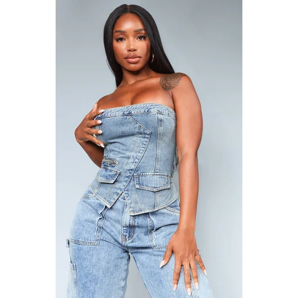 Shape Vintage Wash Denim Zip Detail Bandeau Corset