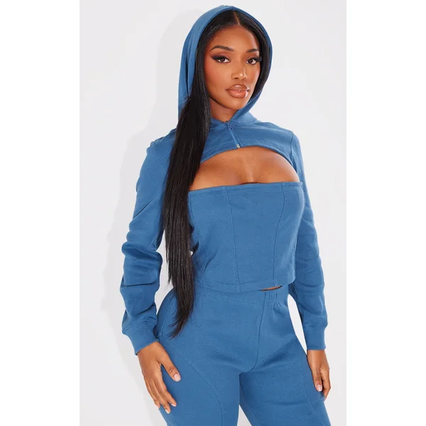 Shape Washed Blue Rib Cut Out Front Hoodie