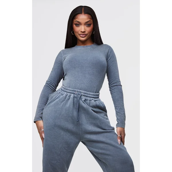 Shape Washed Charcoal Cotton Long Sleeve Crew Neck Bodysuit