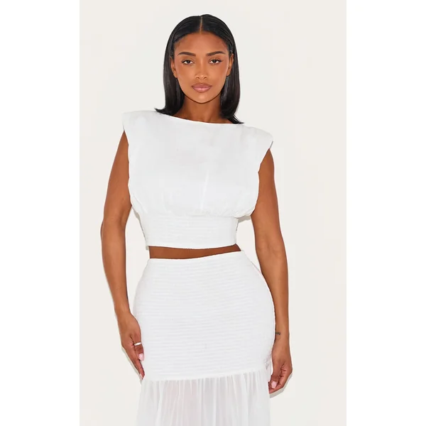 Shape White Boat Neck Shirred Cinched Waist Top