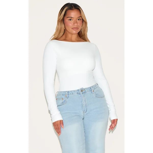 Shape White Built In Bra Sculpt Boat Neck Long Sleeve Bodysuit