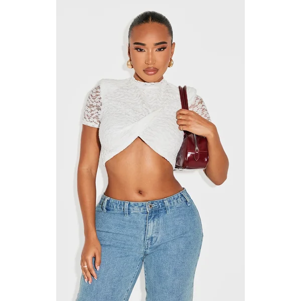 Shape White Lace Textured Shoulder Pad Cropped Top