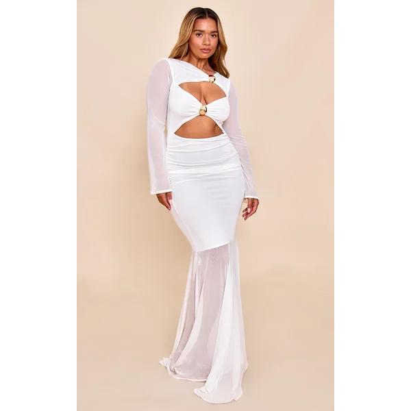 Shape White Mesh Gold Trim Cut Out Dropped Hem Maxi Dress