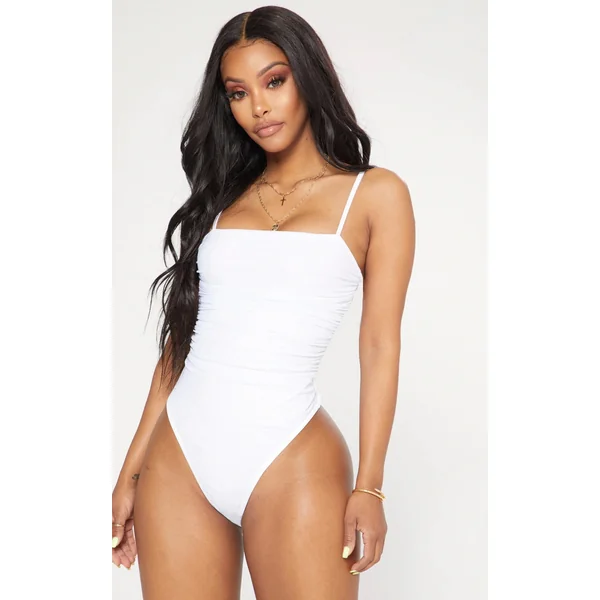 Shape White Mesh Ruched Detail Thong Bodysuit