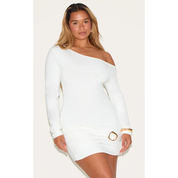 Shape White Off Shoulder Long Sleeve Gold Trim Mini Dress