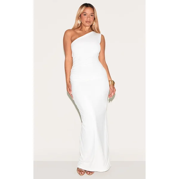 Shape White One Shoulder Ruched Side Maxi Dress