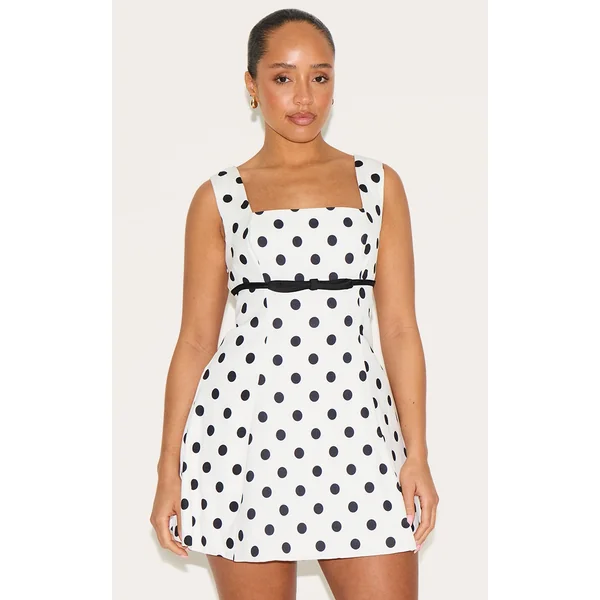 Shape White Polka Dot Square Neck Under Bust Bow Detail A-line Mini Dress