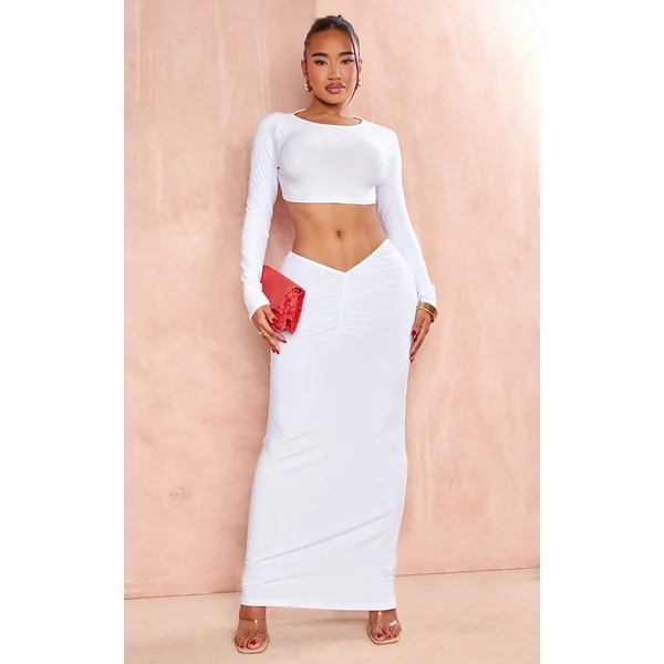 Shape White Slinky Ruched Maxi Skirt