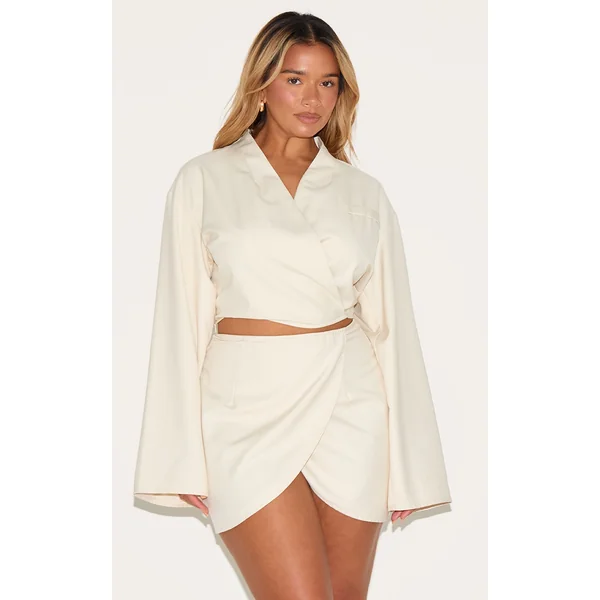 Shape White Tailored Wrap Ver Flared Sleeve Cropped Blazer Top