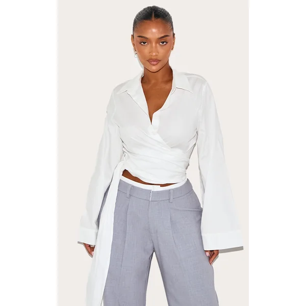 Shape White Wrap Tie Waist Wide Sleeve Shirt