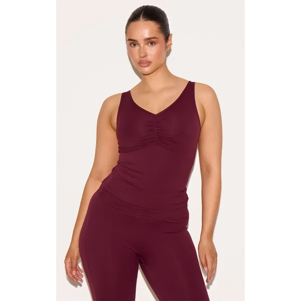 Shape Wine Active Ruched V Neck Longline Top