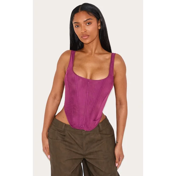 Shape Wine Mesh Square Neck Corset Top