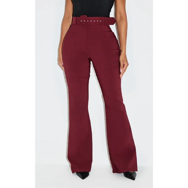 Shape Wine Stretch Woven High Waisted Belted Flare Pants