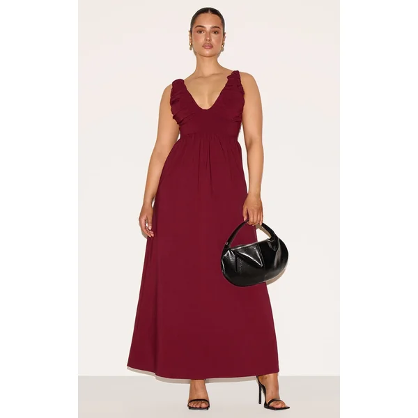 Shape Wine Stretch Woven Ruched Plunge Front Maxi Dress