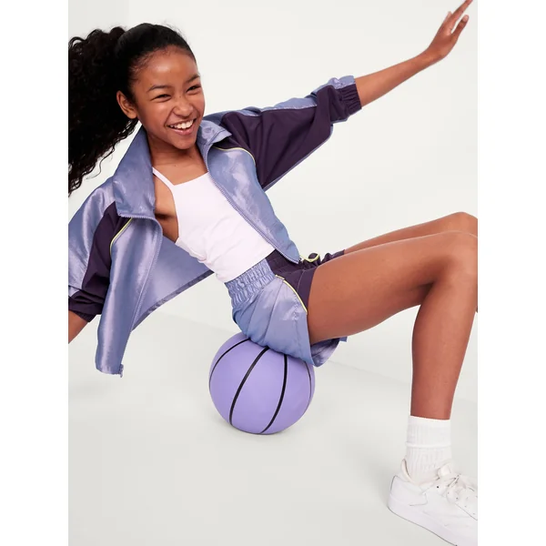 Shiny Oversized Cropped Color-Block Zip Jacket for Girls - Lavender Haven