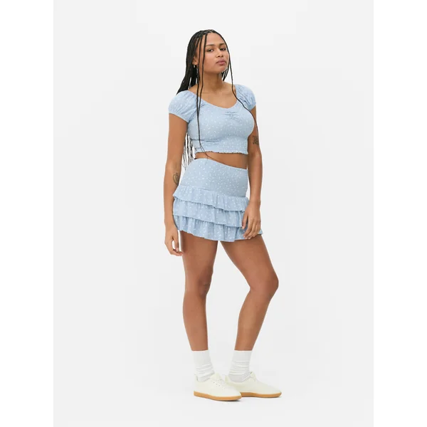 Shirred Printed Crop Top - Blue