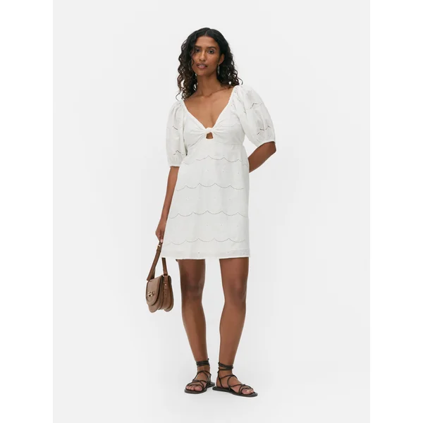Short Sleeve Eyelet Mini Dress - White