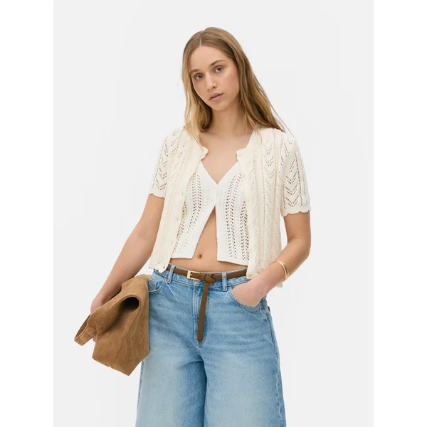 Short Sleeve Pointelle Cardigan - Ivory