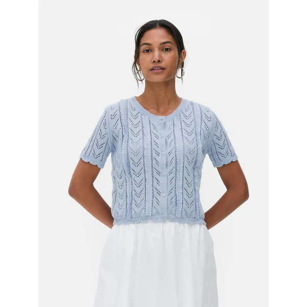 Short Sleeve Pointelle Cardigan - Light Blue