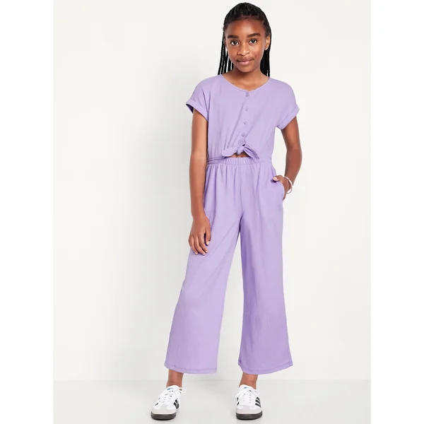 Short-Sleeve Button-Front Tie-Knot Jumpsuit for Girls - Lavender Haven