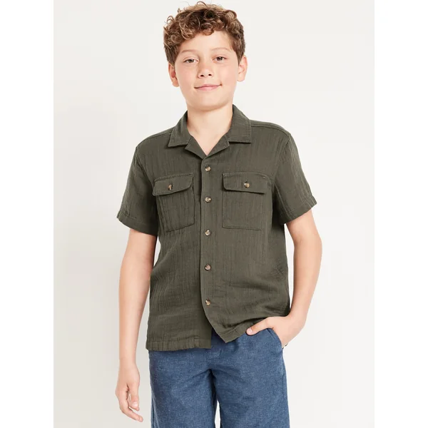 Short-Sleeve Double-Weave Pocket Shirt for Boys - Stone Wall