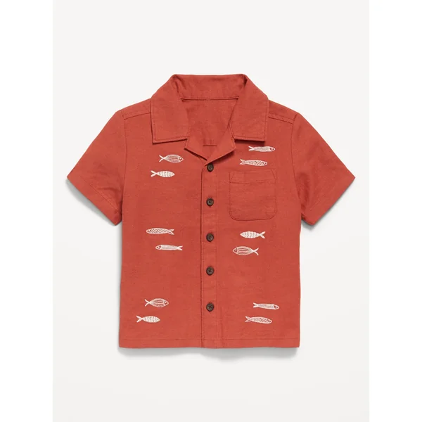 Short-Sleeve Embroidered Linen-Blend Shirt for Toddler Boys - GINGERSPICE