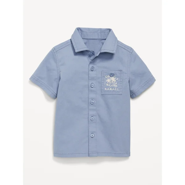 Short-Sleeve Embroidered Pocket Shirt for Toddler Boys - Blue Scenic