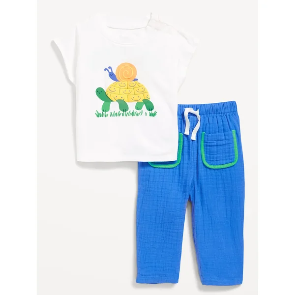 Short-Sleeve Graphic T-Shirt and Pants Set for Baby - Yellow/Green Turtle
