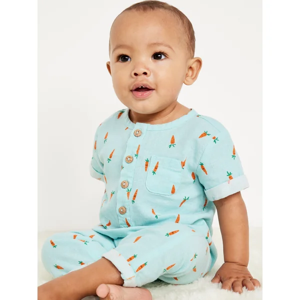Short-Sleeve Henley Linen-Blend One-Piece for Baby - Carrot