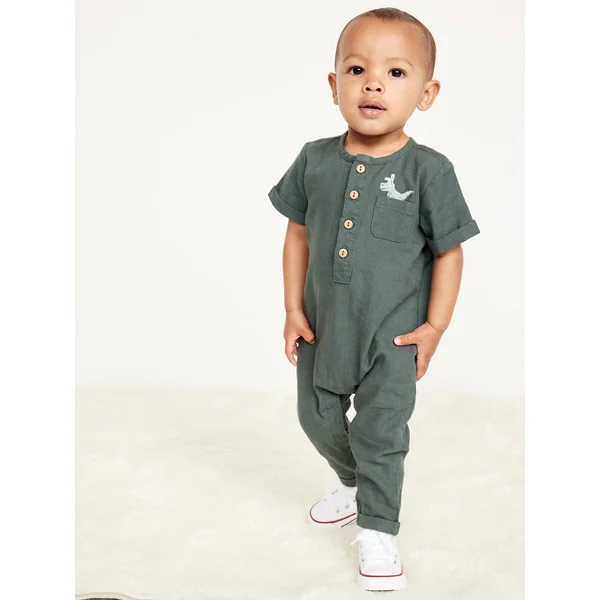 Short-Sleeve Henley Linen-Blend One-Piece for Baby - Terrestrial Green