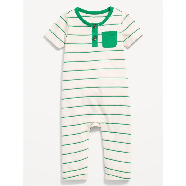 Short-Sleeve Jersey-Knit Henley One-Piece for Baby - Green Stripe