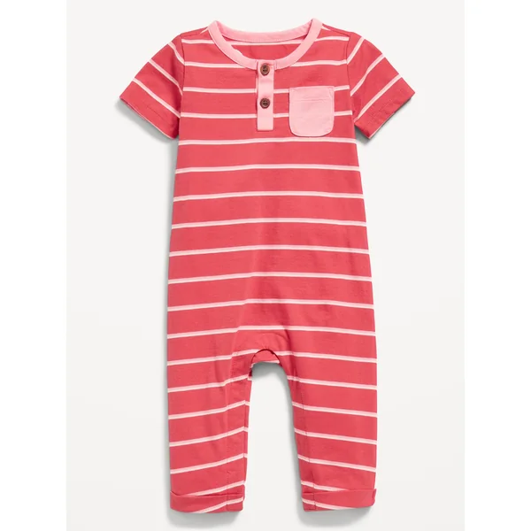 Short-Sleeve Jersey-Knit Henley One-Piece for Baby - Red Stripes