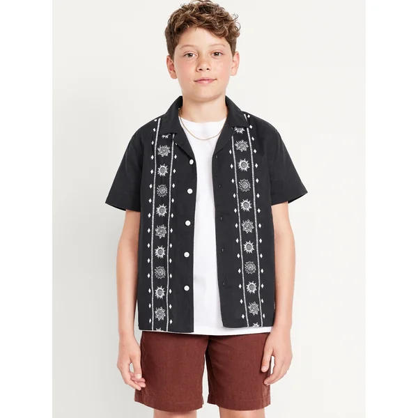Short-Sleeve Linen-Blend Embroidered Shirt for Boys - Black Jack