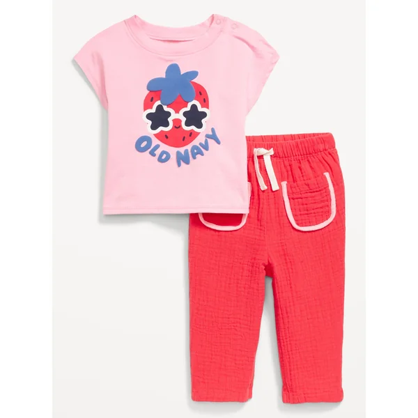 Short-Sleeve Logo-Graphic Top and Pants Set for Baby - Pink