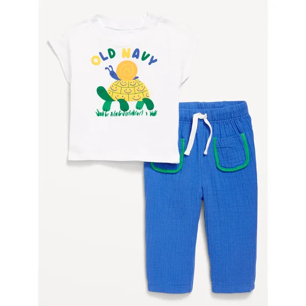 Short-Sleeve Logo-Graphic Top and Pants Set for Baby - YELLOW/GREEN TURTLE