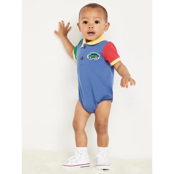 Short-Sleeve Polo One-Piece for Baby - Laundered Blue