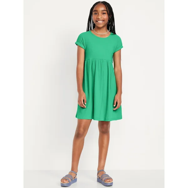 Short-Sleeve Ribbed Dress for Girls - Green