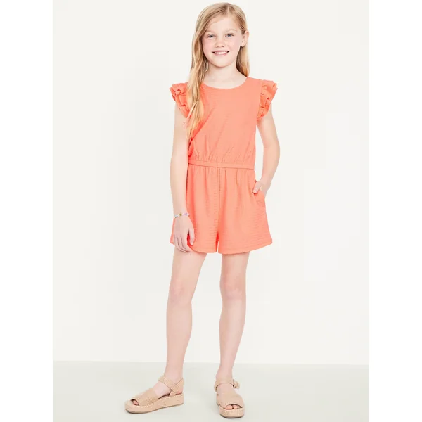 Short-Sleeve Ruffle Textured Romper for Girls - Melon Shock Neon