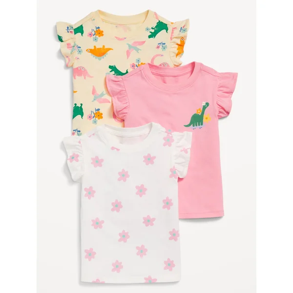 Short-Sleeve Ruffle-Trim T-Shirt 3-Pack for Toddler Girls - Pink Daisy