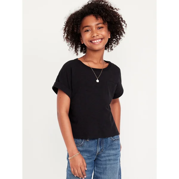 Short-Sleeve Slub-Knit Pocket T-Shirt for Girls - Black Jack