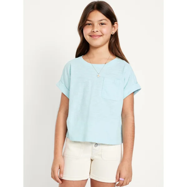 Short-Sleeve Slub-Knit Pocket T-Shirt for Girls - Ceramic Blue