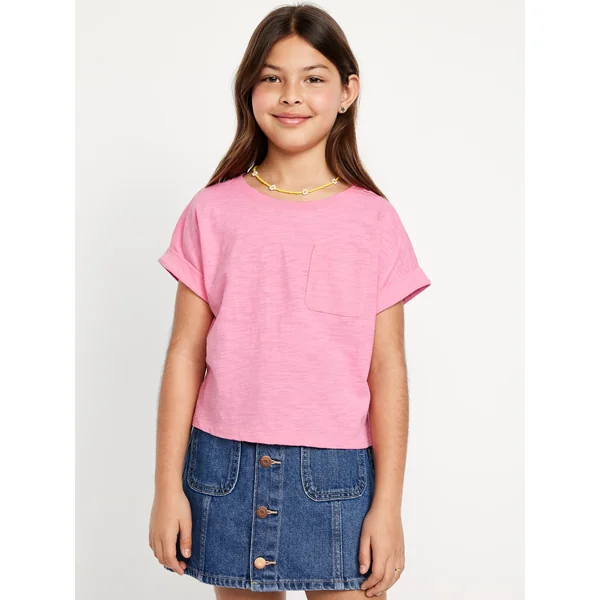 Short-Sleeve Slub-Knit Pocket T-Shirt for Girls - Light Peony