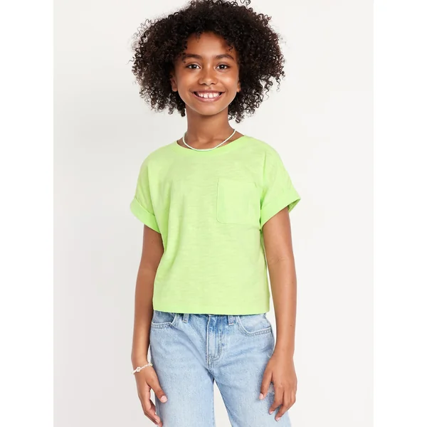 Short-Sleeve Slub-Knit Pocket T-Shirt for Girls - Soft Limon