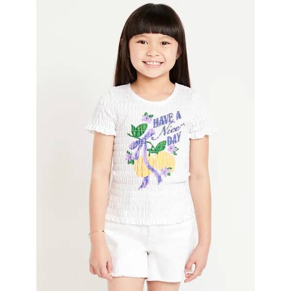 Short-Sleeve Smocked Graphic T-Shirt for Girls - White