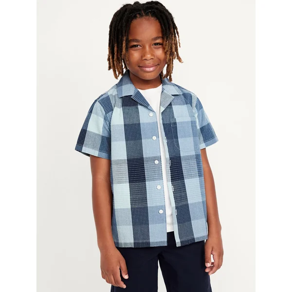 Short-Sleeve Textured-Dobby Pocket Shirt for Boys - Blue Plaid
