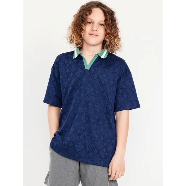 Short-Sleeve Textured-Knit Collared Shirt for Boys - Navy Blue