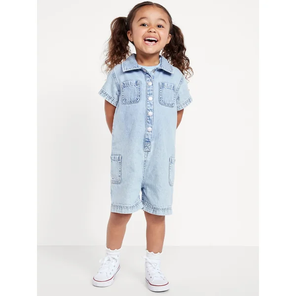 Short-Sleeve Utility Jean Romper for Toddler Girls - Light Wash
